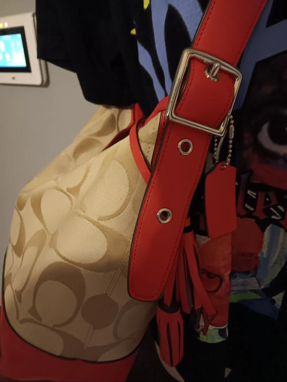 Coach Beige Signature Canvas Shoulder Bag with Red Trim